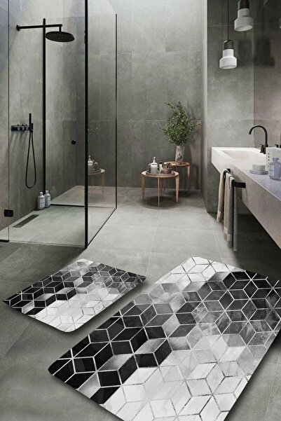 Resmiro Siyah Beyaz Yıkanabilir 2'li Banyo Paspas