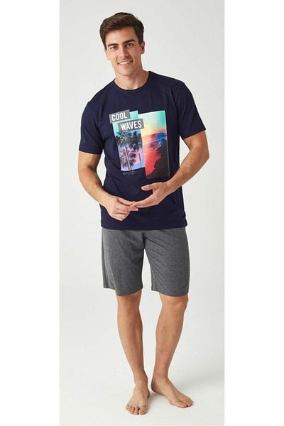 Mod Collection Men's Navy Blue Gray Combed Cotton Shorts Set