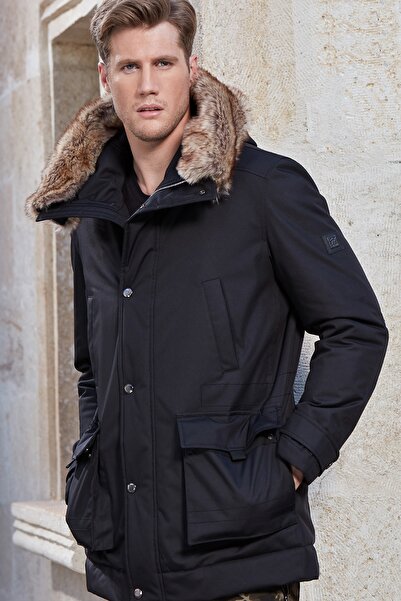 Mondo Kürklü Kapüşonlu Siyah Mont