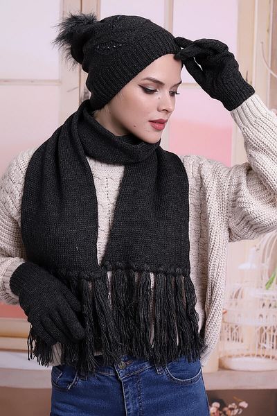 Deafox Set de mănuși beanie eșarfă cu model de piatră de antracit