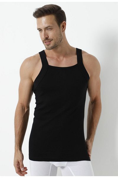 Disa 100% Cotton Ribbed Men's Black Wide Rib Tank Top Pack of 3