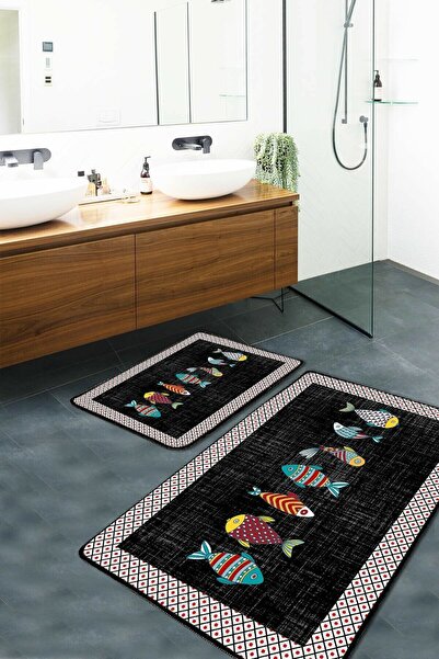Resmiro Siyah Sea Balıklı Yıkanabilir 2'li Banyo Halısı Paspas Klozet Takımı