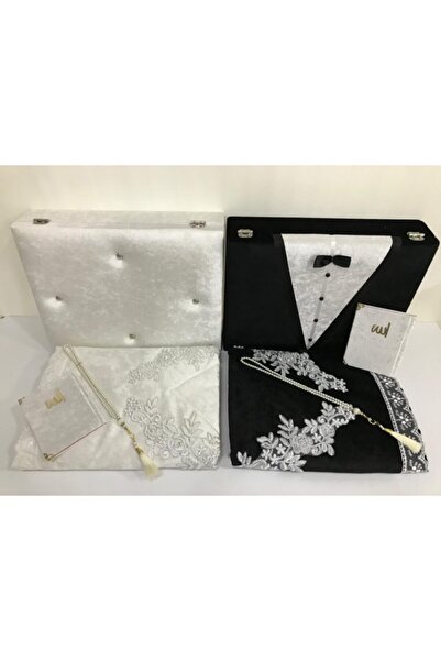 Lamazihome Lüks Krem Siyah Gelin Damat Sandıklı Kadife Seccade Takımı Bohça Seti