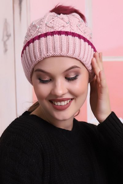 Deafox Pink Folded Women's Stone Detail Beret