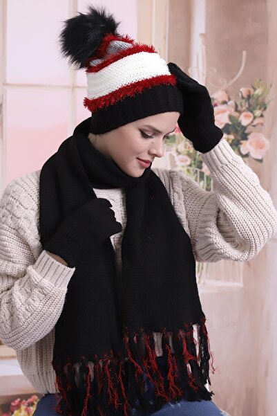 Deafox Black Tassel Detailed Scarf Beanie Gloves Set