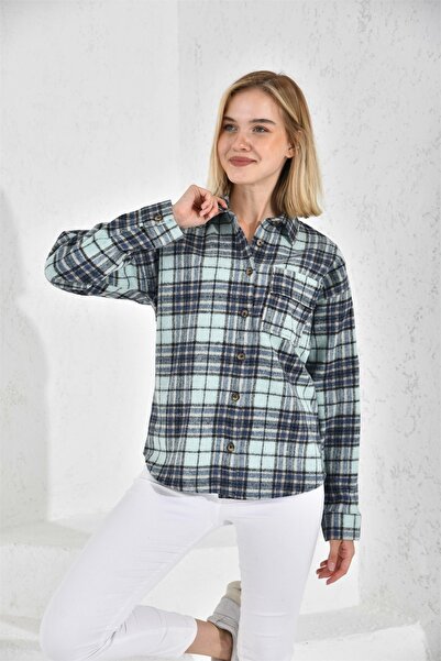 diaves Kadın Ekoselı Yaka Cepli Mini Boy Gömlek