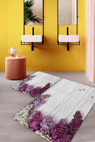 Resmiro Beyaz Zemin Lila Çiçek Banyo Paspası