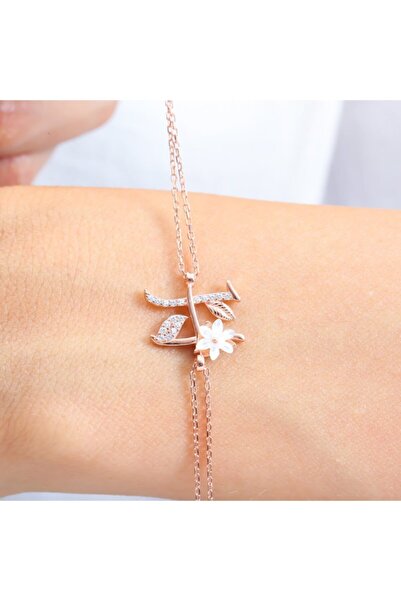 Mia Vento Işıltılı Manolya Çiçeği H Harfi Rose Renk Gümüş Harfli Bileklik