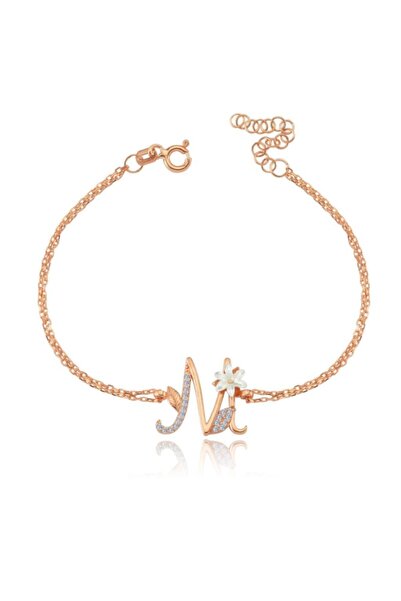 Mia Vento Işıltılı Manolya Çiçeği M Harfi Rose  Gümüş Harfli Bileklik