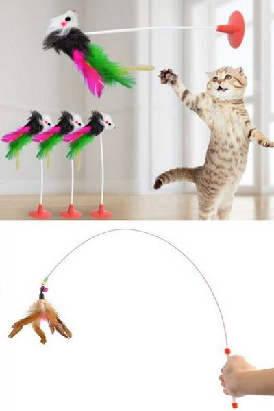 DEMİRALP37 Suction Cup Mouse Cat Toy + Cat Game Fishing Rod 90 Cm