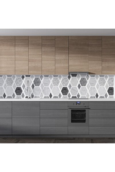 StickerArt Mutfak Tezgah Arası Folyo Fayans Kaplama Folyosu Altıgen Desen Gri 60x500 Cm
