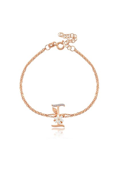 Mia Vento Işıltılı Manolya Çiçeği I Harfi Rose Renk Gümüş Harfli Bileklik