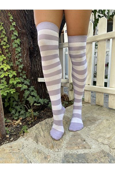 lovebox Women's Lilac White Striped Cotton Knee Socks