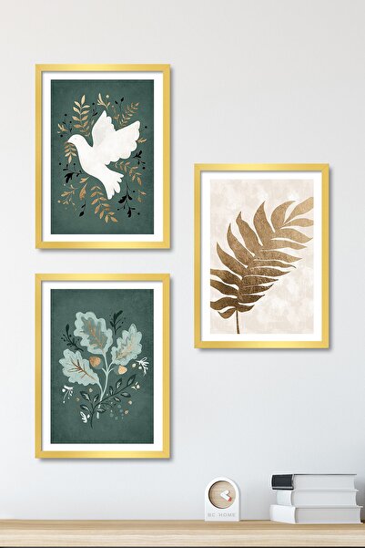 Bc Home Kuş Ve Dallar 3 Parça Çerçeveli Poster Tablo Seti - Altın
