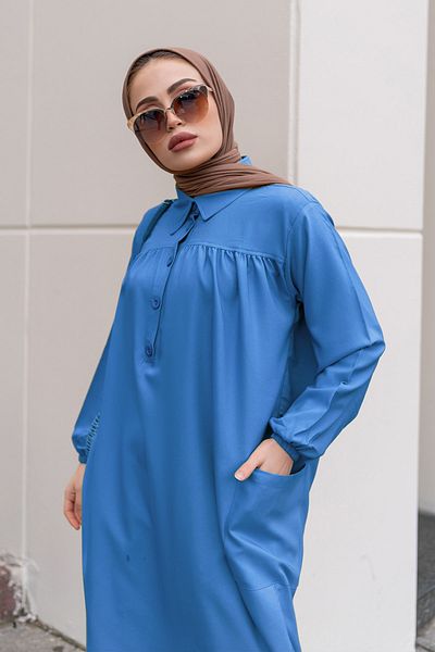 benguen 8222 Gathered Tunic with Side Slit Robe Indigo