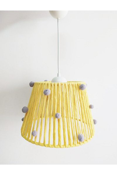 C&A&B KUZEY AVİZE Yellow Macrame Rope Wrapped Gray Pompom Baby and Children's Room Pendant Lamp Chandelier