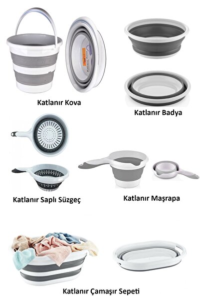 4KİDS 5'li Katlanır Banyo Mutfak Seti Katlanır Çamaşır Sepeti Kova Maşrapa Süzgeç Badya (leğen)
