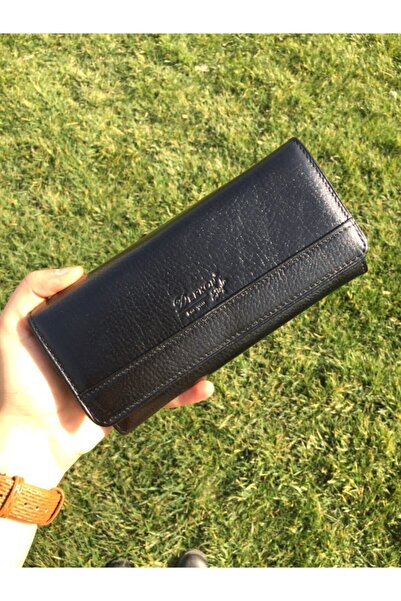 DERKON محفظة نسائية سوداء مريحة من الجلد الطبيعي