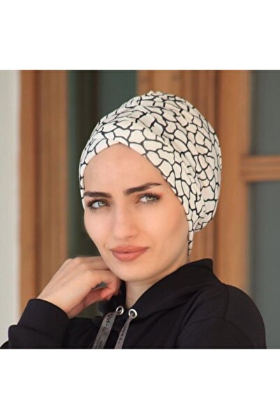 Amisos Bone Şal Hazır Tesettür Giyim Desenli Çapraz Bone Krem Siyah - Özel Tasarım- Yeni Model Tesettür Giyim