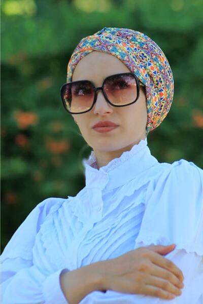 Amisos Bone Şal Hazır Tesettür Giyim Desenli Çapraz Bone Kareli Etnik Desen - Özel Tasarım- Yeni Model Tesettür Giyim