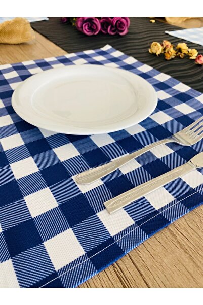 meditroia Σετ 6 τεμαχίων Navy Blue White Check Soft Fabric American Service