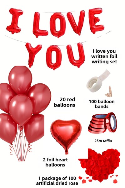 Baloncu Nene I Love You Written Foil Balloon Set Red Balloon Heart Balloon Rose Petal Decor Wedding Anniversary