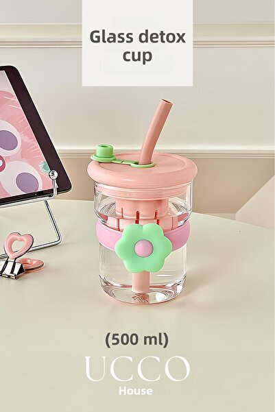 UCCO 500ml Daisy Patterned Glass Detox Thermos Flask with Straw - Water, Soft Drink, Lemonade Cup/607A