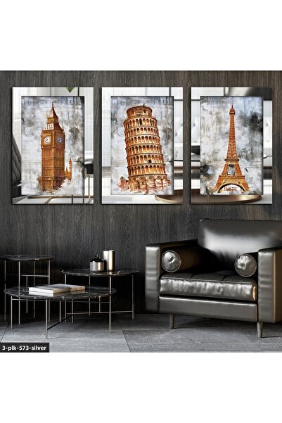 Evinemoda Turnul de ceas Eiffel Pisa London Argintiu 3 piese Tabel cu oglindă...