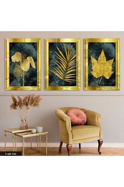 Evinemoda Tablou cu oglindă din plexiglas din 3 piese Flower Leaf Gold