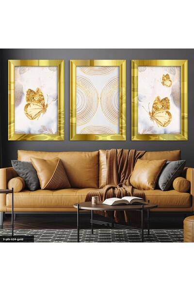 Evinemoda Pictură din plexiglas înrămată cu fluturi aurii, 3 bucăți