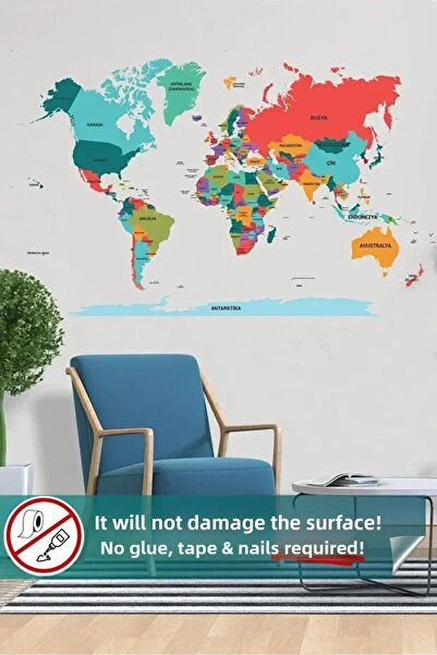 Pi Papers Transparent Colored World Map, Smart Paper with Non-Adhesive Feature (Turkish) 56 X 100