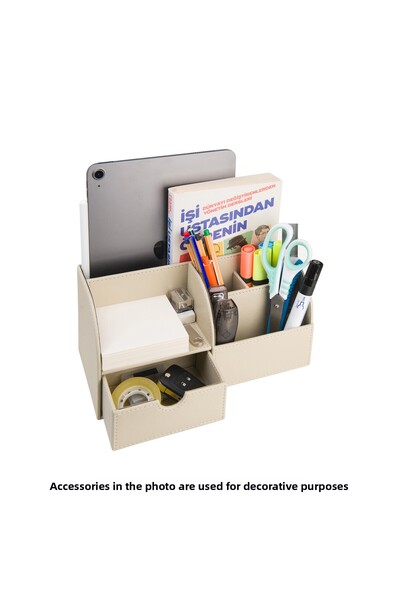 2K Desktop Organizer, Pen Holder, Remote Control Holder, Cube Notepad Holder, Tablet Holder, Bookshelf, 6 Compartments, Drawers, Beige