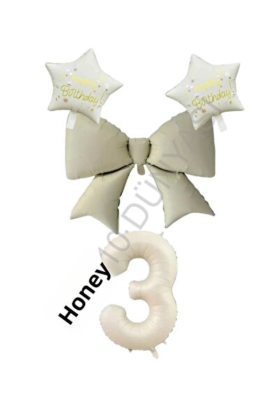 BAL10 DÜNYASI Cream Color Star Bow Number Foil Balloon Set 2 Years Old