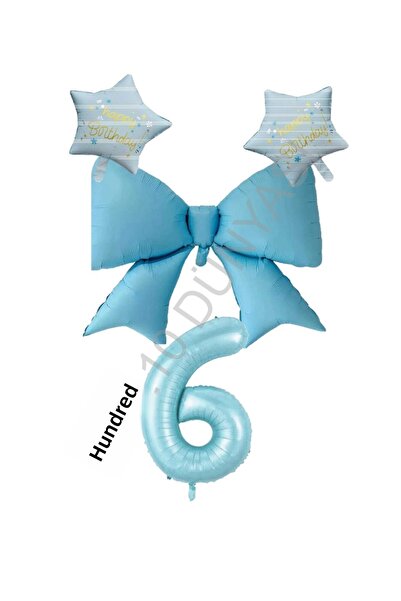 BAL10 DÜNYASI Blue Color Star Bow Number Foil Balloon Set Age 6