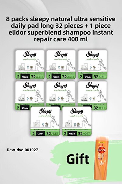 Sleepy فوط يومية طبيعية فائقة الحساسية طويلة 32 قطعة × 8 و هدية هيليدور 400 مل