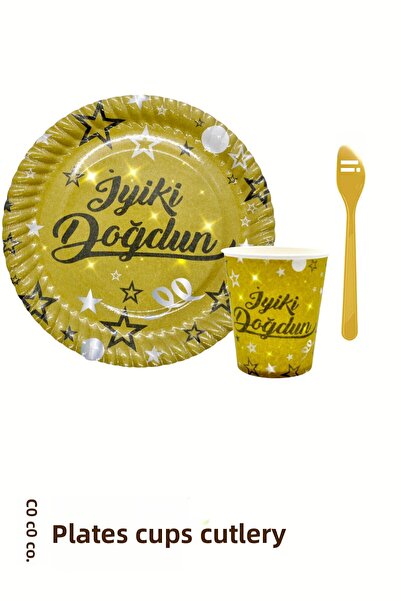 Baloncu Nene Σετ πιάτων και ποτηριών από χρυσό χαρτόνι με επιγραφή  "Χρόνια Π...