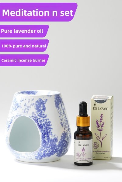 LaLoven Meditation Duo | Lavender Oil 20 ml and Blue Patterned Incense Burner | 100% Natural