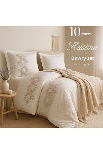 Evimcim Kristina 10 Piece Dowry Set – Premium Embroidered Pique, Duvet Cover & Blanket Set