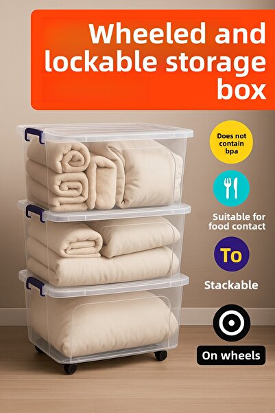 Loremp Set of 3 80 Lt Wheeled Lockable Transparent Storage Box Large Size Plastic Organizer Storage Container