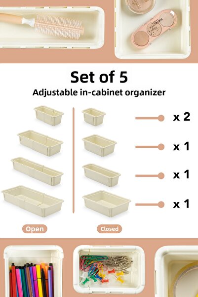 Meleni Home منظم خزانة قابل للتمديد مكون من 5 قطع - مجموعة منظمات متعددة الأغراض للحمام والمطبخ والمكتب داخل الأدراج