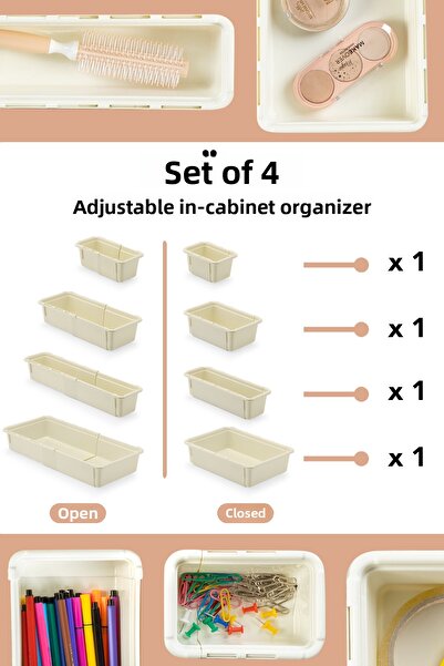 Meleni Home منظم خزانة قابل للتمديد مكون من 4 قطع - مجموعة منظمات متعددة الأغراض للحمام والمطبخ والمكتب داخل الأدراج