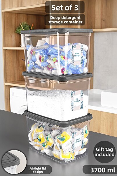 Meleni Home 3-Pack Labeled Detergent Storage Box - Transparent Deep Bathroom Tablet Powder Detergent Box 3.7 Liters