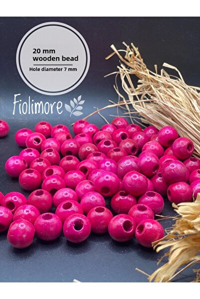 Fiolimore 20 ملم خرز خشبي وردي فوشيا (50 جرام 23 قطعة) قطر الفتحة العريضة 7 م...