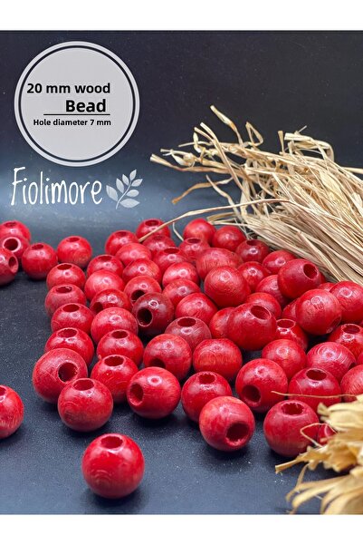 Fiolimore 20 ملم خرز خشبي أحمر (50 جرام 23 قطعة) قطر الفتحة العريضة 7 ملم حقي...