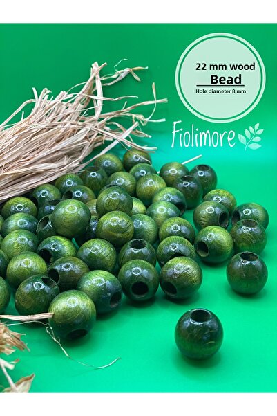 Fiolimore 22 ملم خرز خشبي أخضر كاكي (50 جرام 13 قطعة) قطر الفتحة العريضة 8 مل...