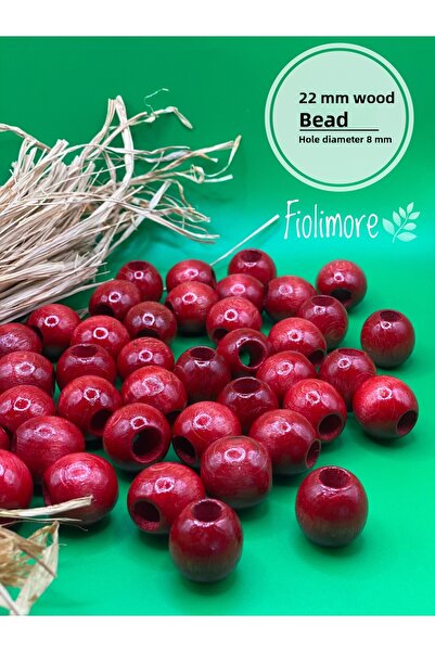 Fiolimore 22 мм червени дървени мъниста (50 г, 13 броя) с голям отвор с диаме...