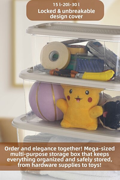 MOİ 3-Piece 15-20-30 L Multi-Purpose Storage Container Set - Lockable Lid Bathroom Kitchen Organizer Storage Box