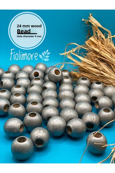 Fiolimore 24 ملم خرز خشبي رمادي فضي (13 قطعة) حقيبة مكرامية مستديرة تصميم خرز...