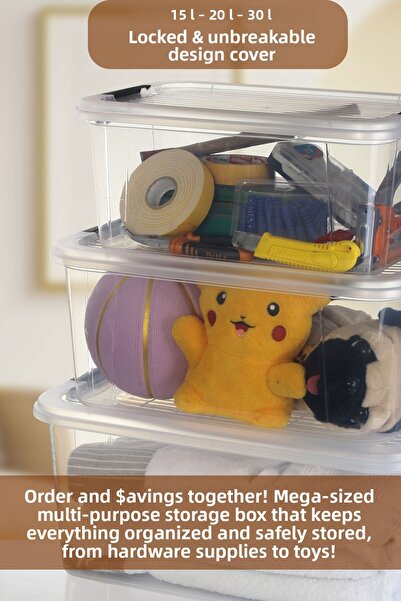 MOİ 3-Piece 15-20-30 L Multi-Purpose Storage Container Set - Lockable Lid Bathroom Kitchen Organizer Storage Box