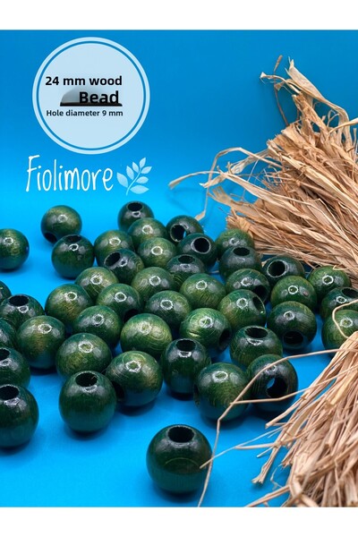 Fiolimore 24 ملم خرز خشبي أخضر كاكي (13 قطعة) حقيبة مكرامية مستديرة تصميم خرز...